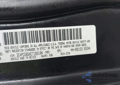 2012 Dodge Journey Sxt z USA, uszkodzony, nr VIN 3C4PDDBG0CT183184